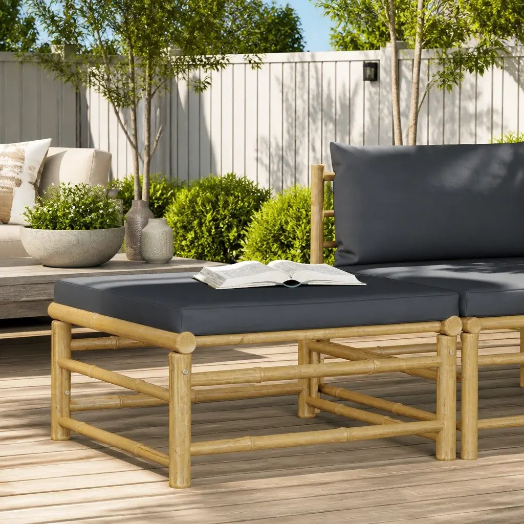 Garden Footrest Ottoman Bamboo Frame Grey Cushion Outdoor Patio Seating