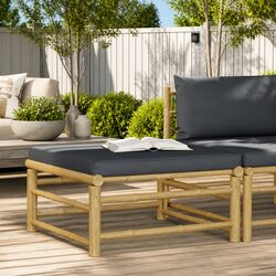 Garden Footrest Ottoman Outdoor Patio Lounging Seating with Grey Cushion Bamboo