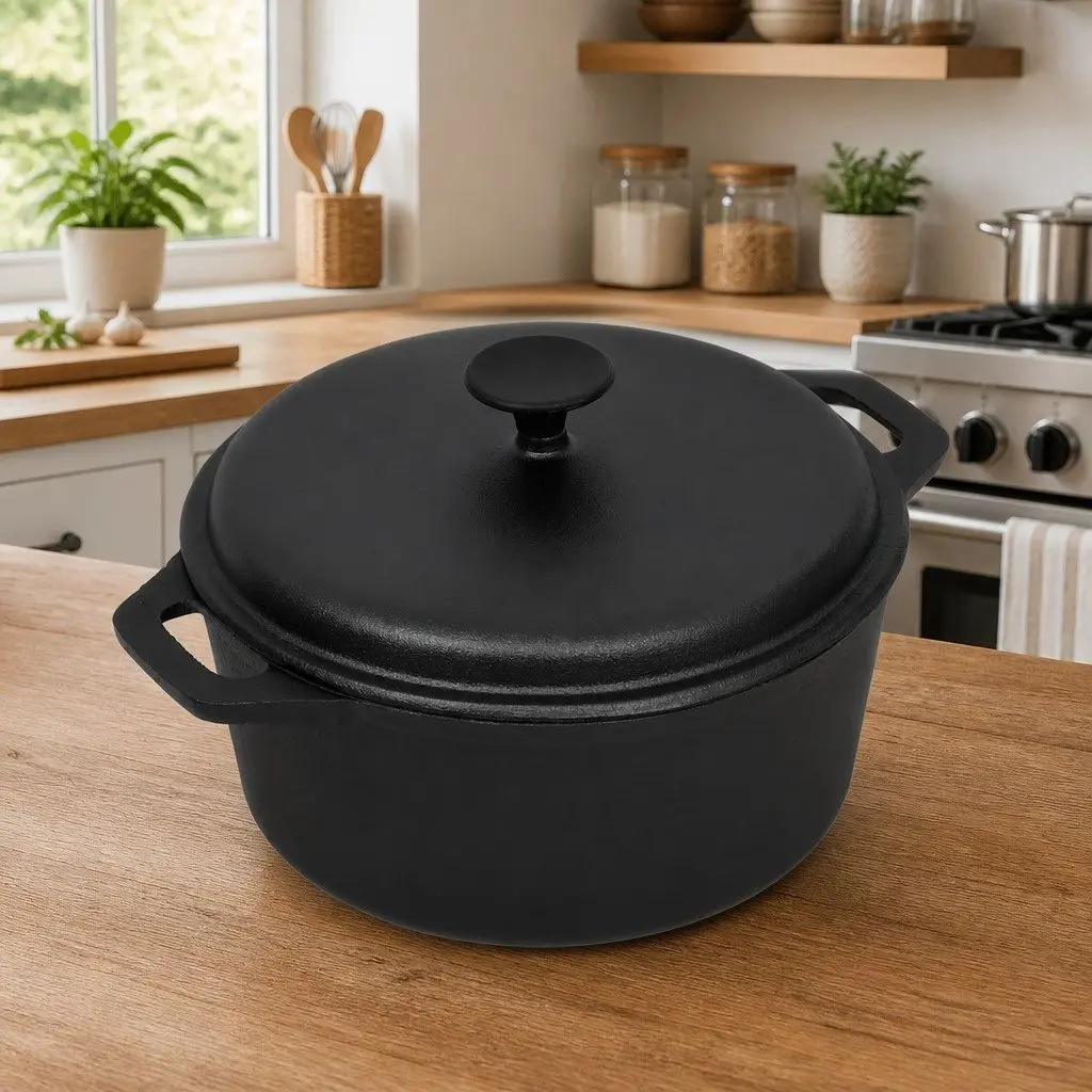 Cast Iron Stock Pot 26.5cm Black Cookware for Stews Casseroles Baking and Cooking
