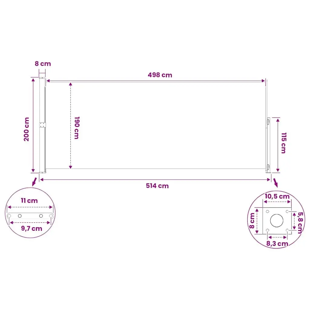 Retractable Awning Privacy Screen Black 200x500cm UV Resistant Water Resistant Tear Resistant Polyester for Patio Garden Outdoor