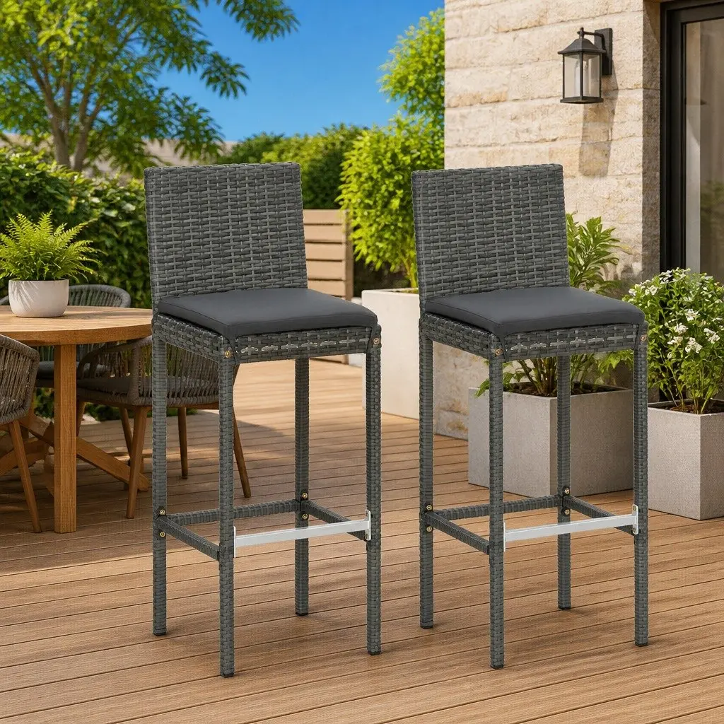 Outdoor Bar Stools Poly Rattan Cushioned Set of 2 Grey