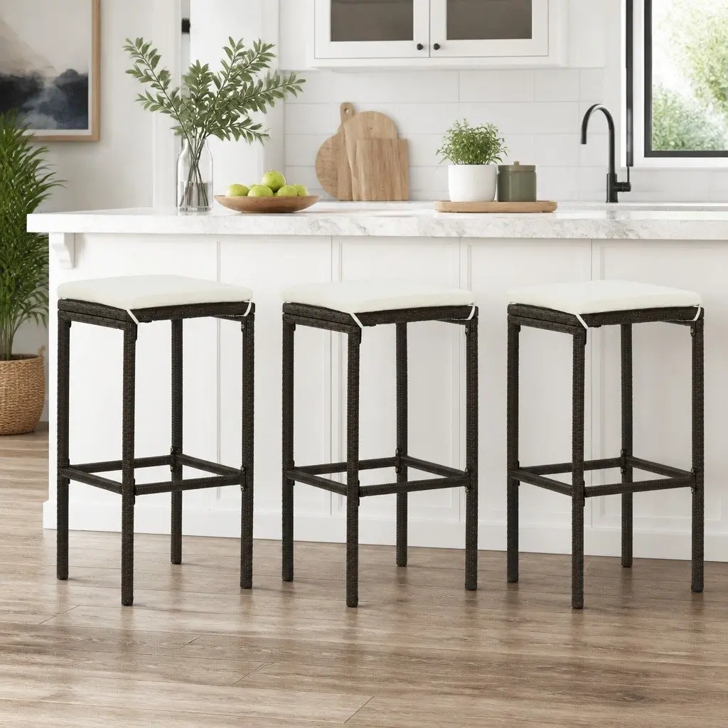 Bar Stools Steel Frame PE Rattan Cushioned Counter Height 3 pcs Brown