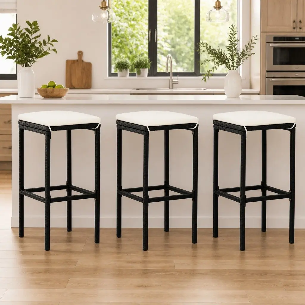 Bar Stools Steel Frame PE Rattan Cushioned Seat Counter Height Black Set of 3