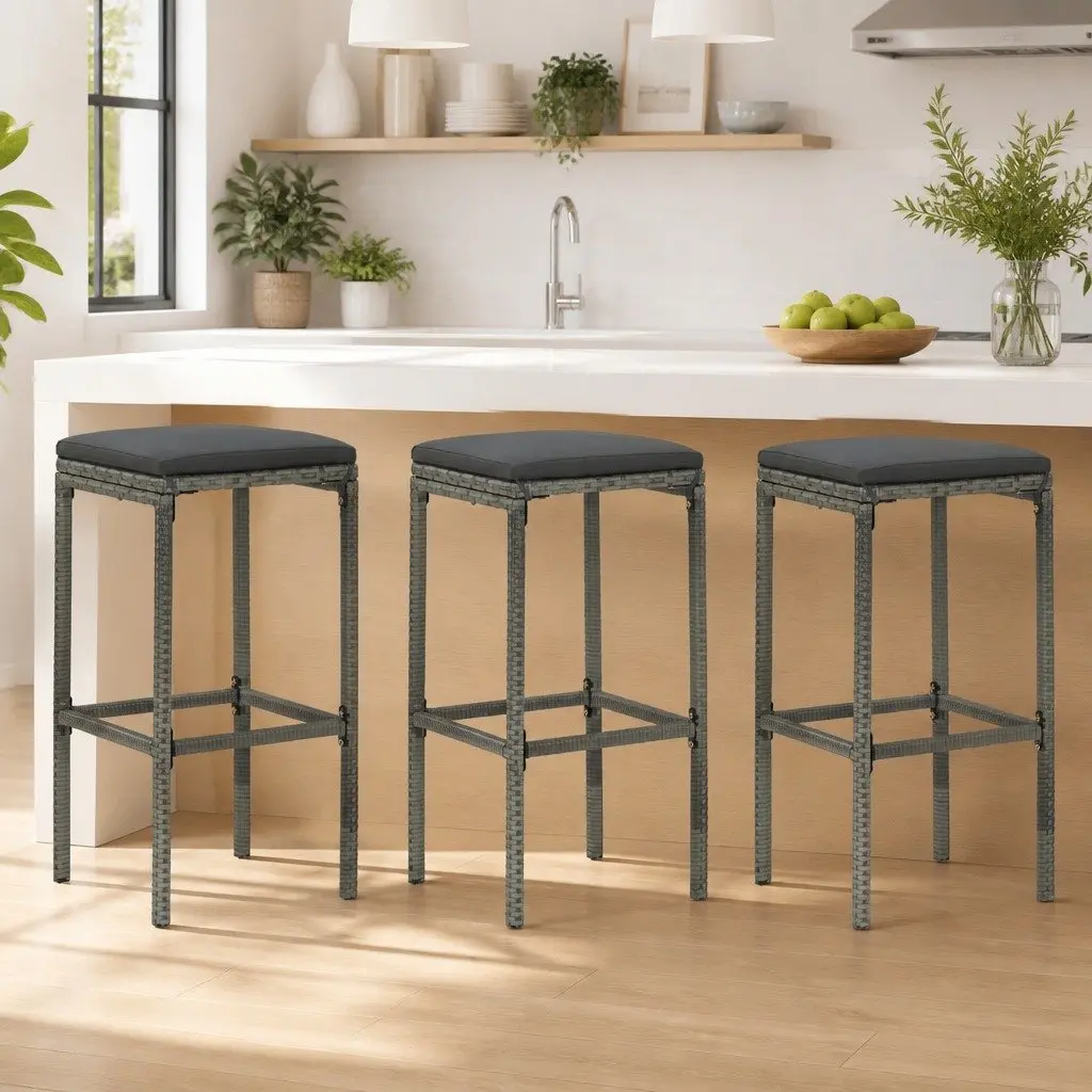 Bar Stools Set of 3 Steel Frame PE Rattan Counter Chairs with Cushions Grey