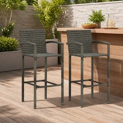 Outdoor Bar Stools 2 pcs Grey Rattan Garden Seating Backyard Furniture Set