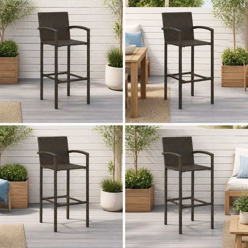Bar Stools Rattan 4 Pieces Brown Outdoor Indoor Steel Frame with Footrest