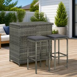 3 Piece Bar Set Grey Poly Rattan Bistro Table Stools Kitchen Dining Furniture
