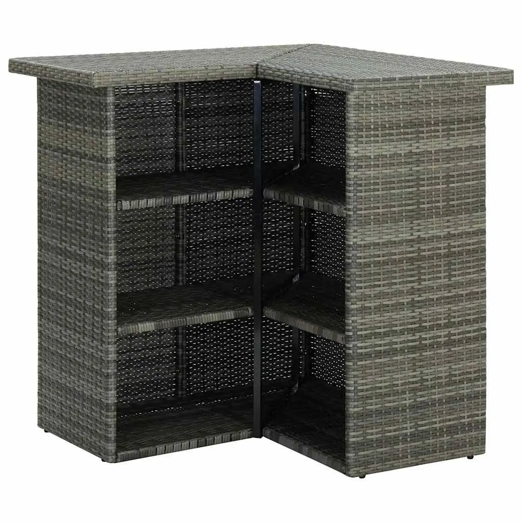 Corner Bar Table Steel Frame PE Rattan Grey with Storage Shelves