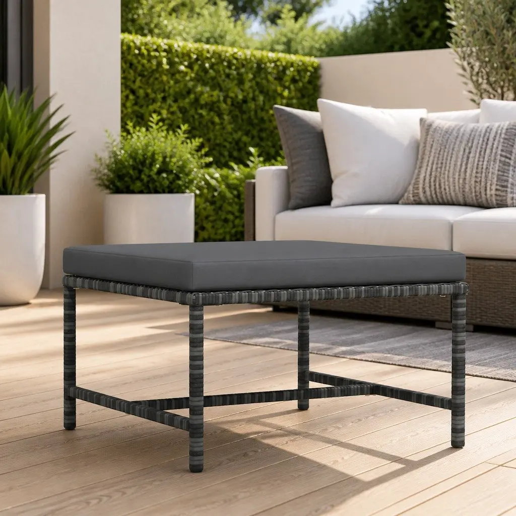 Outdoor Ottoman Grey Rattan with Removable Cushion