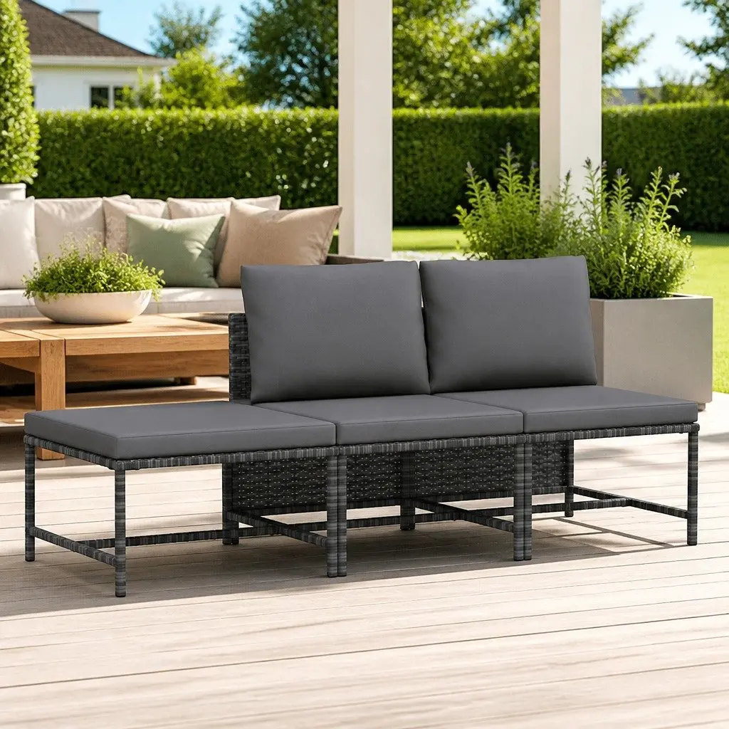 3 Piece Grey PE Rattan Outdoor Garden Sofa Set with Powder-coated Steel Frame and Cushions