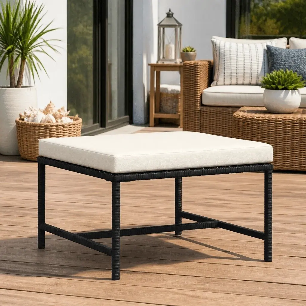 Outdoor Footrest Ottoman Black PE Rattan with Cushion