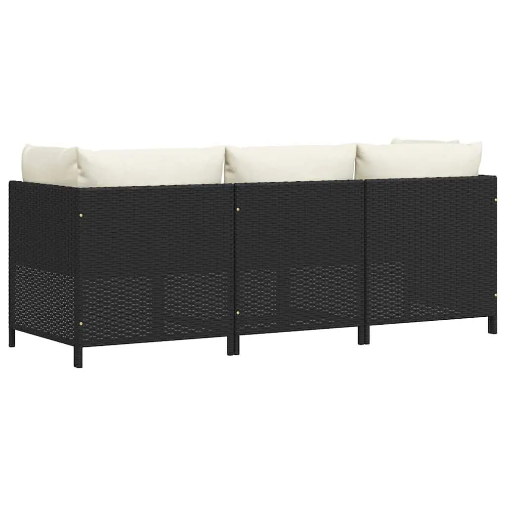 3-Seater Garden Sofa Poly Rattan Black Outdoor Patio Lounge Couch with Cushions