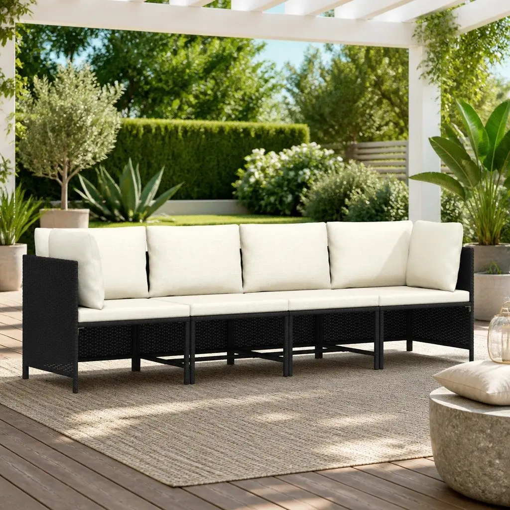 4 Seater Outdoor Lounge Chair Black PE Rattan with Cushions and Powder Coated Steel Frame for Garden and Patio