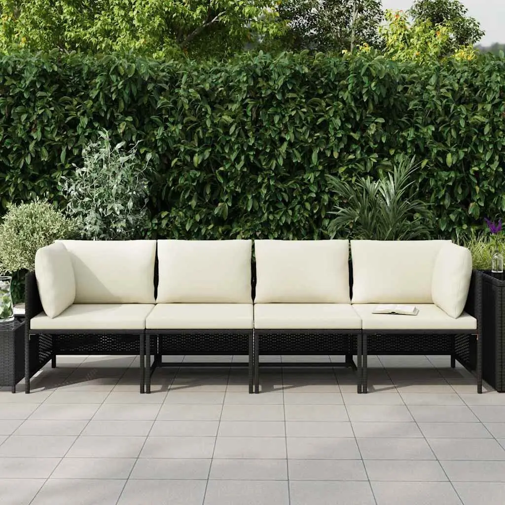 4 Seater Outdoor Lounge Chair Black PE Rattan with Cushions and Powder Coated Steel Frame for Garden and Patio