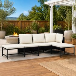 Outdoor Sectional Sofa Set 5 Piece Garden Lounge Black Poly Rattan Cushions