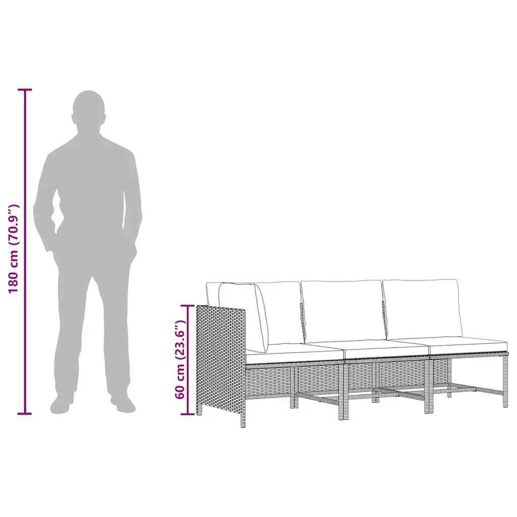 Outdoor Garden Sofa Set 3 Piece Black PE Rattan Lounge Sectional with Cushions