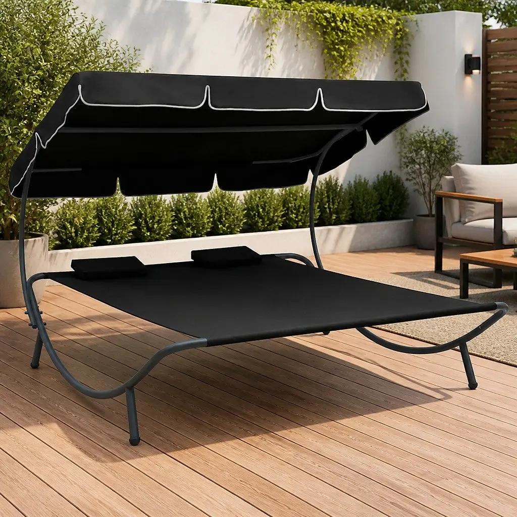Outdoor Lounge Bed Weather-Resistant Oxford Fabric Double Canopy Black
