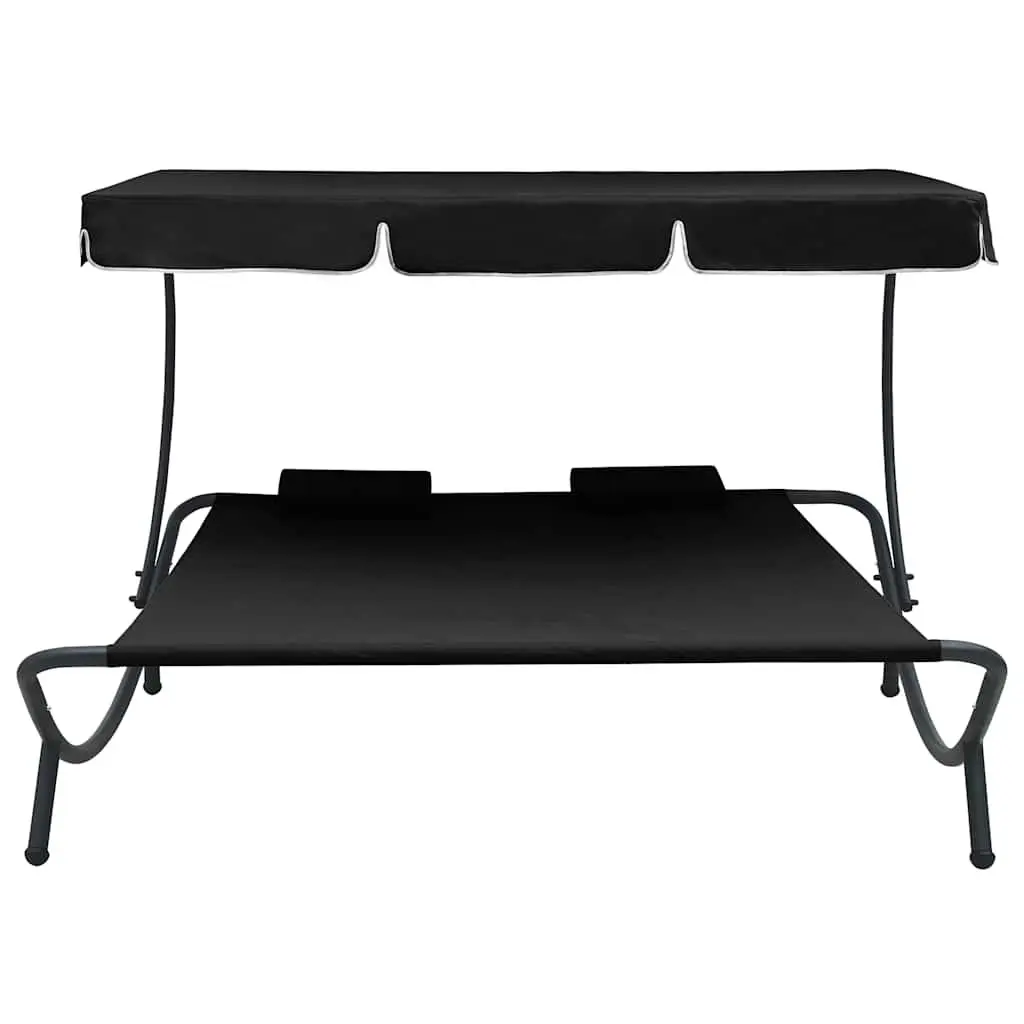 Outdoor Lounge Bed Weather-Resistant Oxford Fabric Double Canopy Black