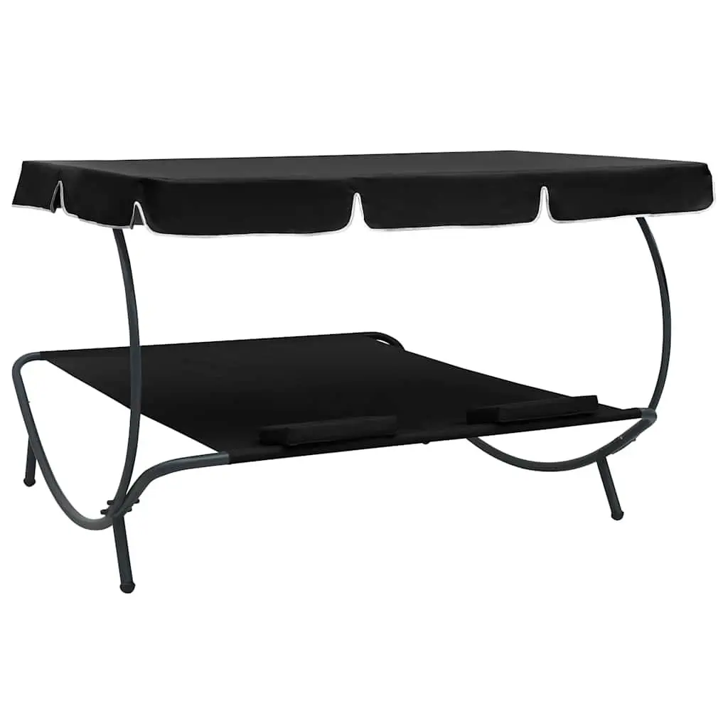 Outdoor Lounge Bed Weather-Resistant Oxford Fabric Double Canopy Black