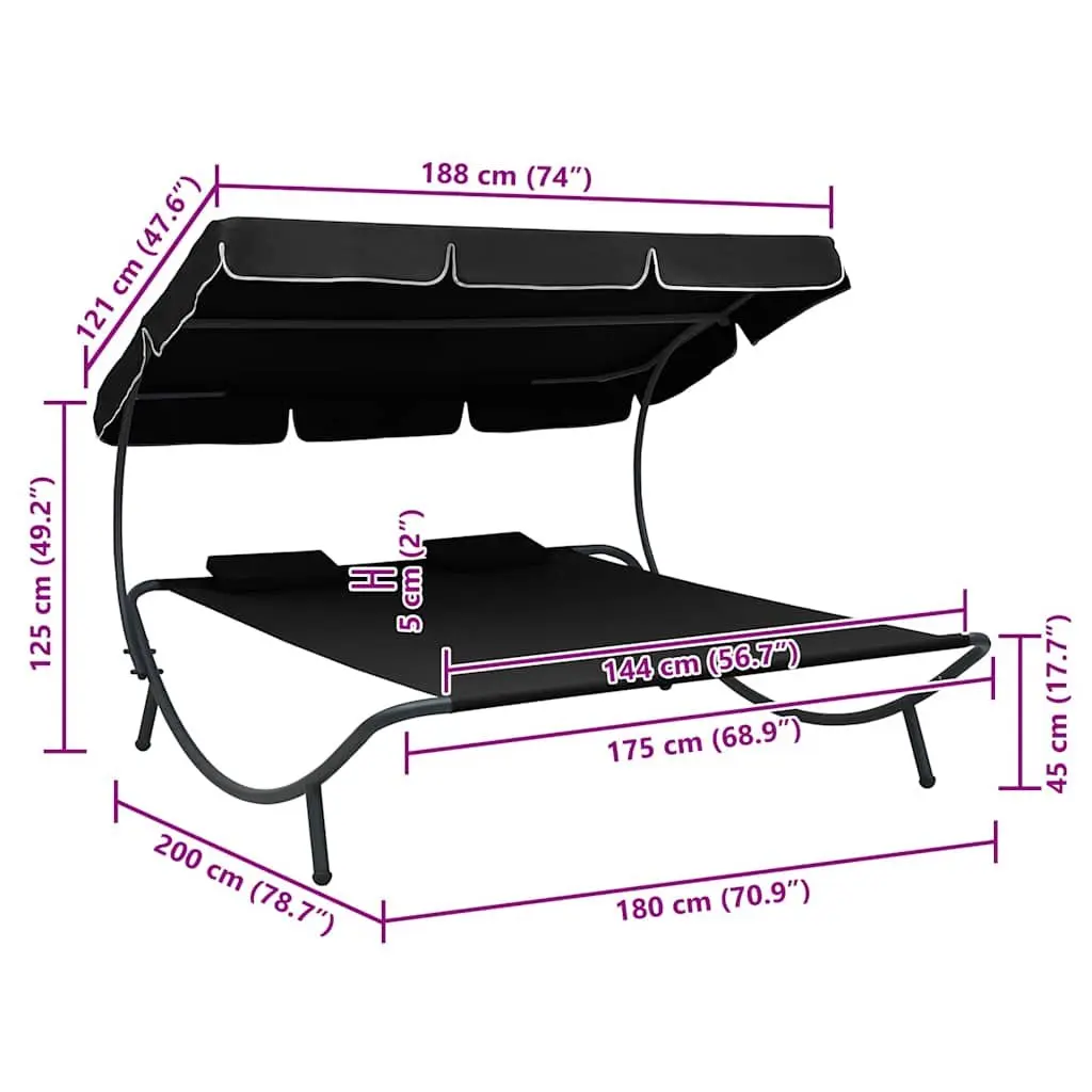 Outdoor Lounge Bed Weather-Resistant Oxford Fabric Double Canopy Black