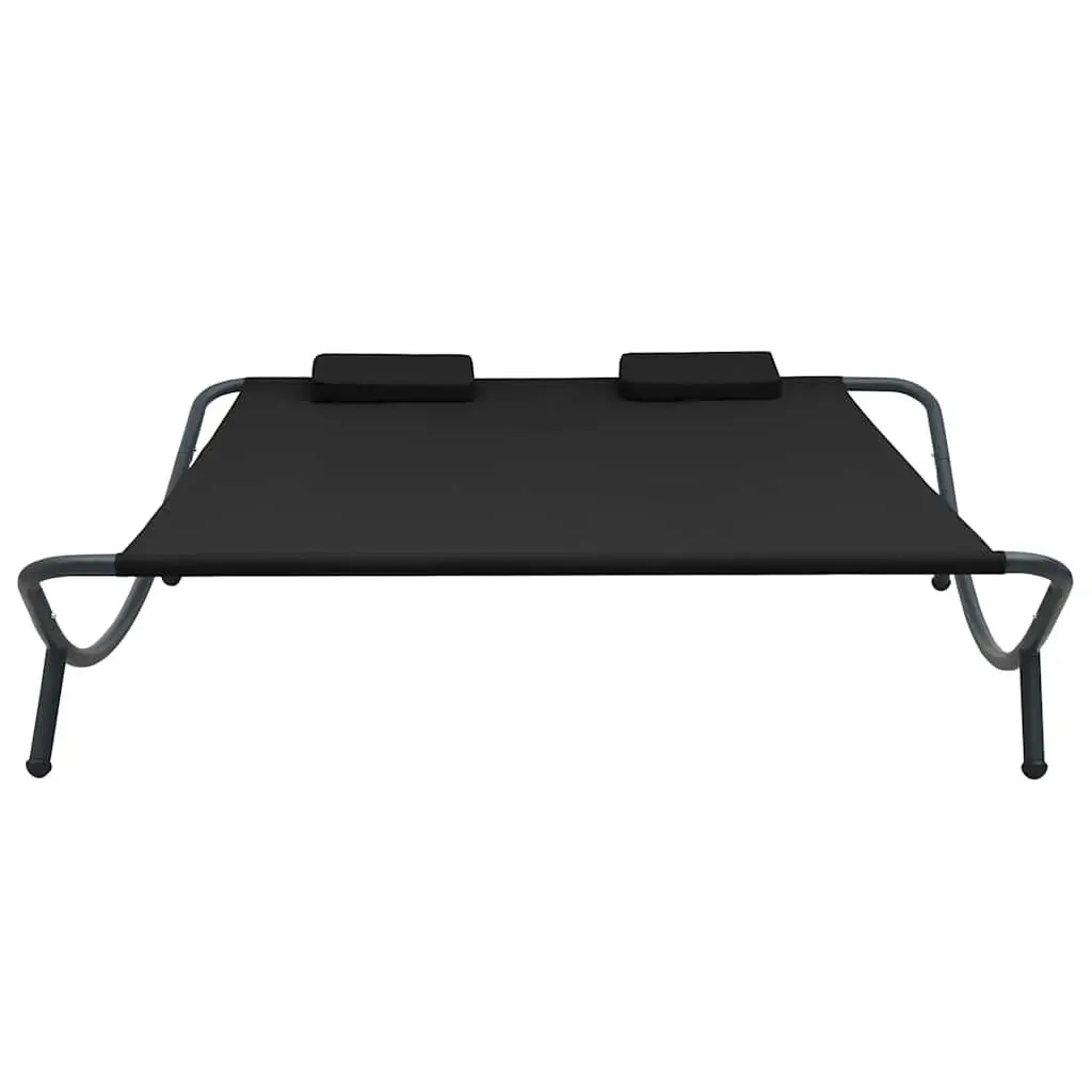 Outdoor Lounge Bed Powder-Coated Steel Black Weather-Resistant Oxford Fabric with Pillows