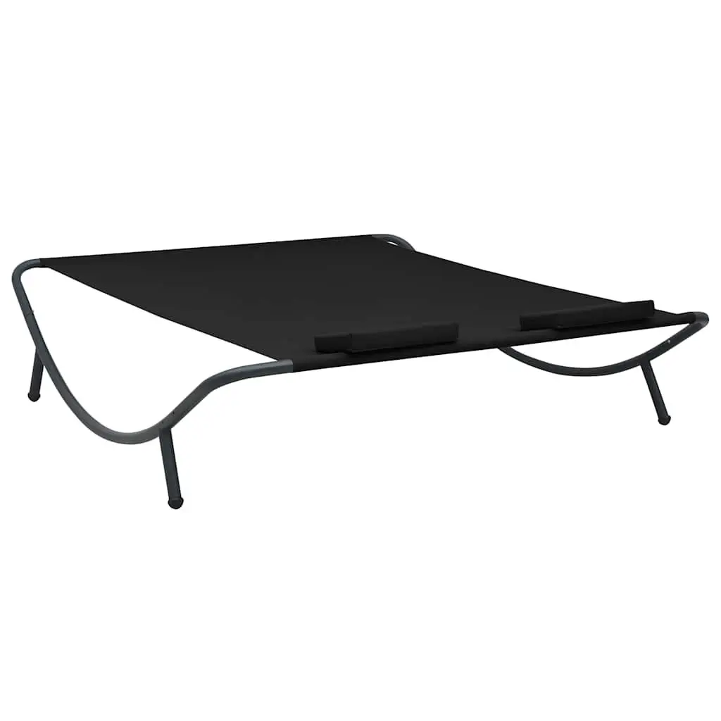 Outdoor Lounge Bed Powder-Coated Steel Black Weather-Resistant Oxford Fabric with Pillows