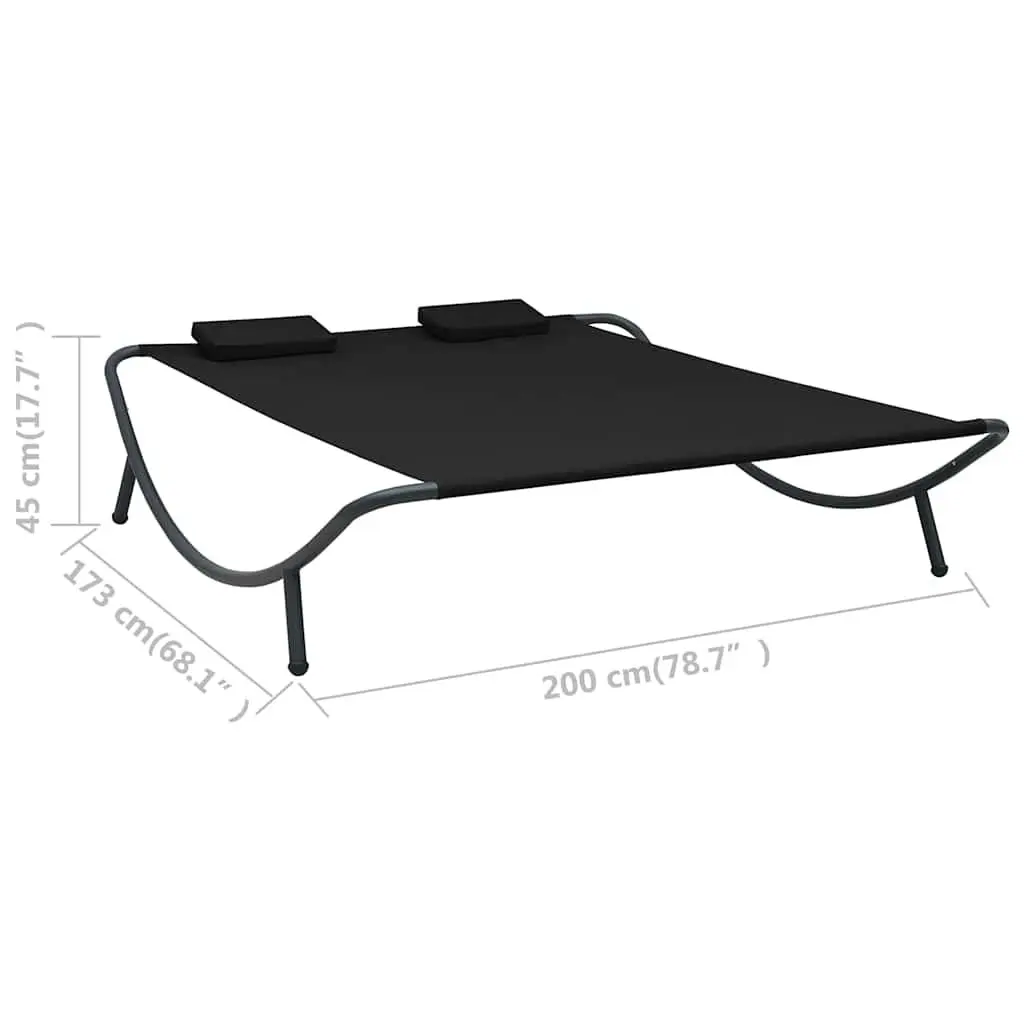 Outdoor Lounge Bed Powder-Coated Steel Black Weather-Resistant Oxford Fabric with Pillows