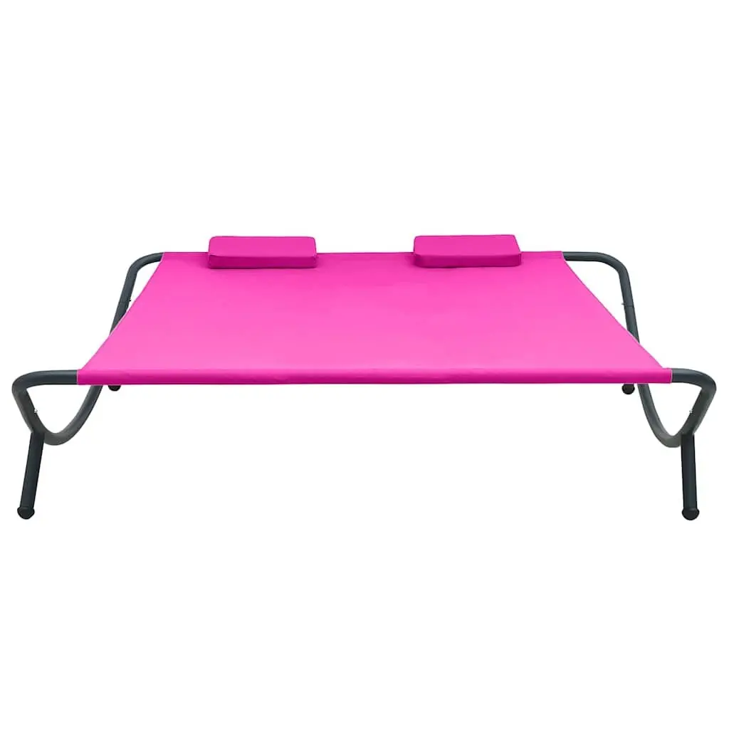 Outdoor Lounge Bed with Powder-coated Steel Frame Weather-resistant Oxford Fabric Pink and Two Padded Pillows for Patio Relaxation