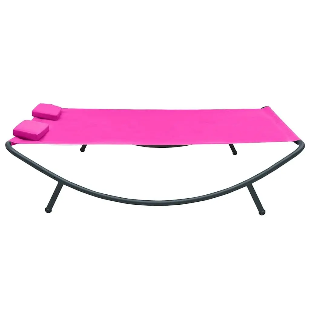 Outdoor Lounge Bed with Powder-coated Steel Frame Weather-resistant Oxford Fabric Pink and Two Padded Pillows for Patio Relaxation
