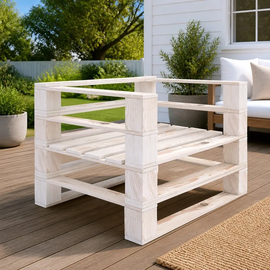 Garden Armchair Pinewood White Rustic Outdoor Patio Sofa Chair