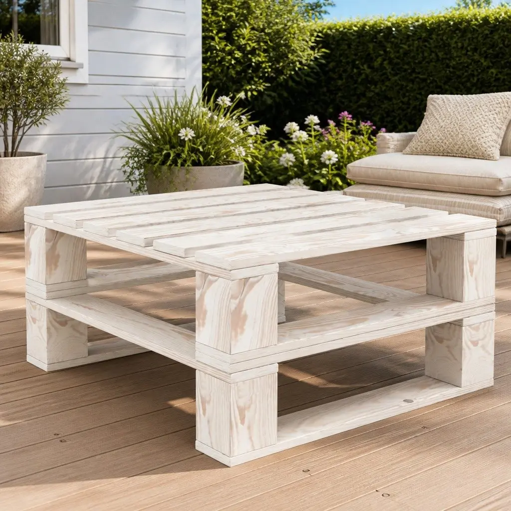 Pallet Table White Pinewood Outdoor Furniture for Garden Bench Seating and Lounging