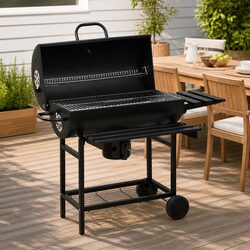 Versatile Barrel Charcoal BBQ Grill with Storage and Mobility