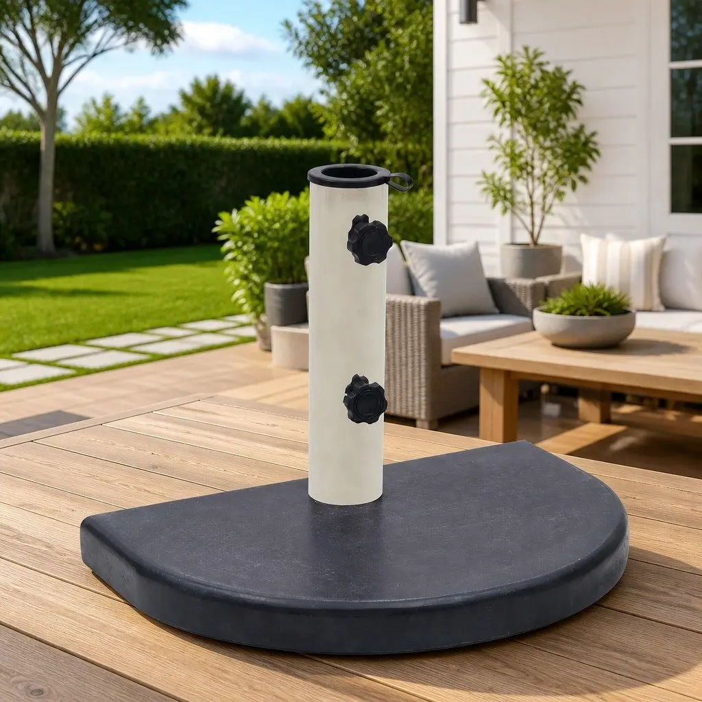Half-Round Umbrella Base Black Granite Construction Outdoor Parasol Holder 40x28x4cm