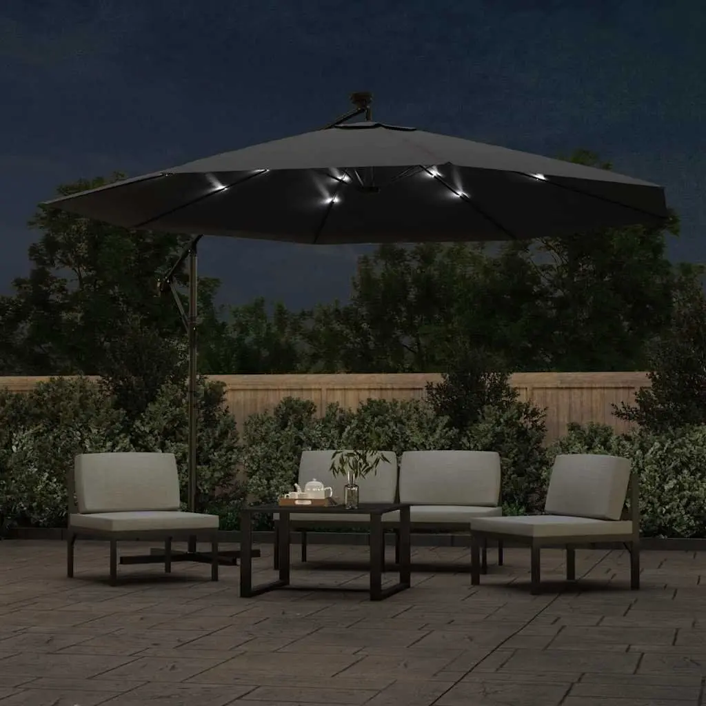 Cantilever Umbrella 350cm Black UV Protective Polyester Outdoor Hanging Parasol with Solar LED Lights