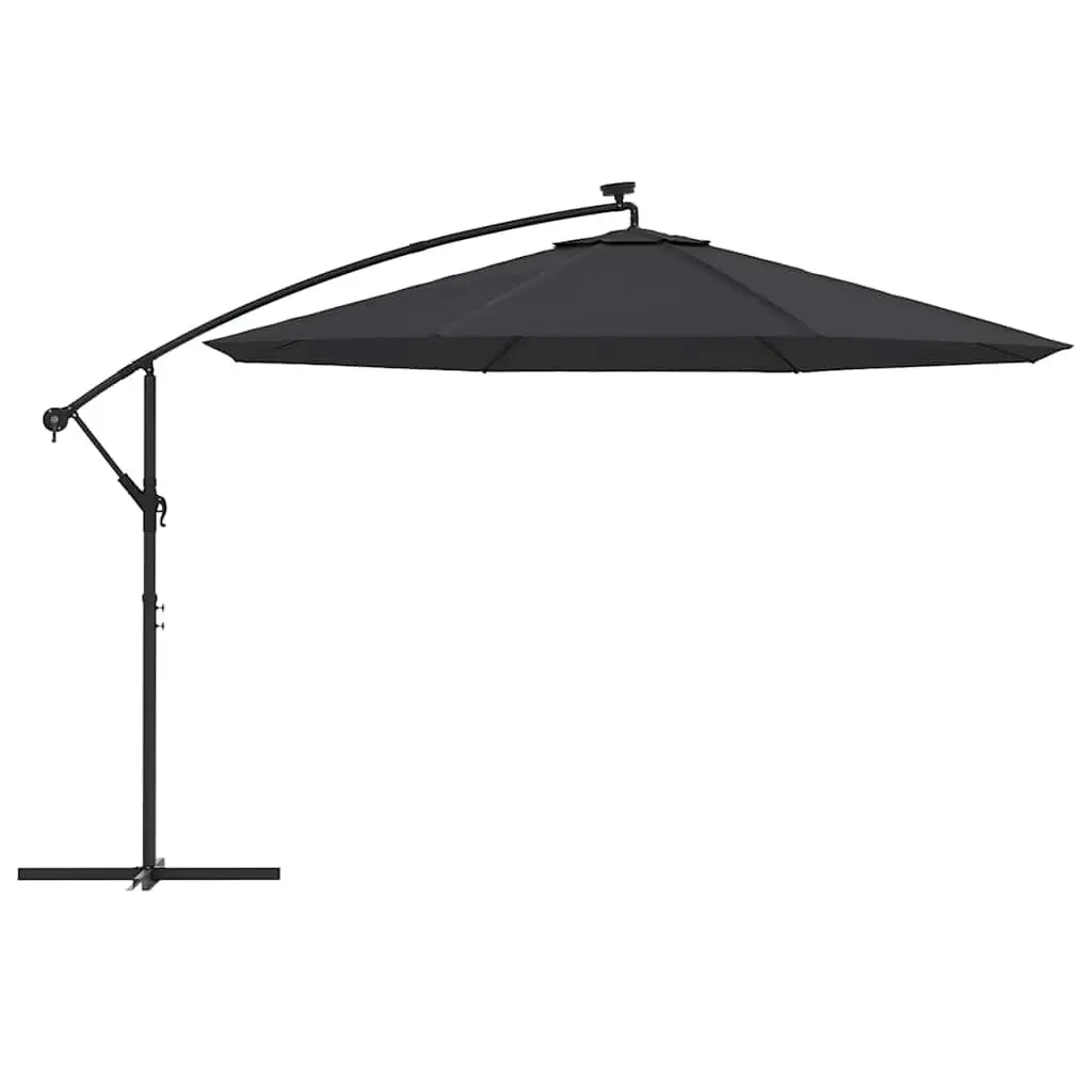Cantilever Umbrella 350cm Black UV Protective Polyester Outdoor Hanging Parasol with Solar LED Lights