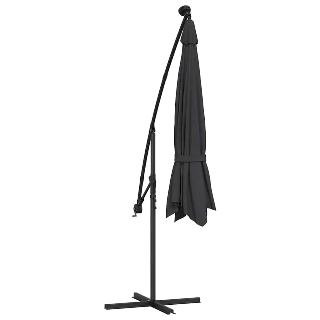 Cantilever Umbrella 350cm Black UV Protective Polyester Outdoor Hanging Parasol with Solar LED Lights