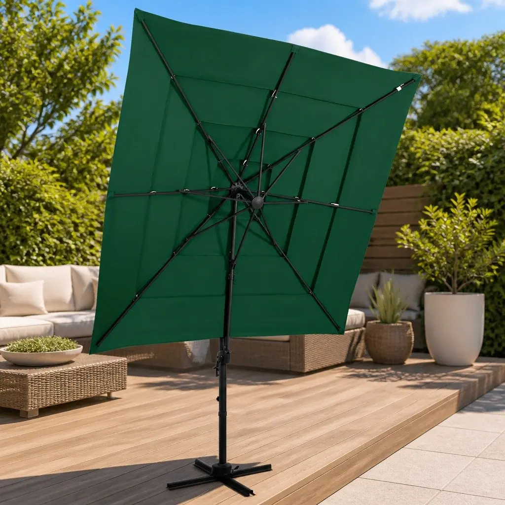 4-Tier Patio Umbrella Green UV Protective Polyester Canopy 250x250cm Crank Tilt Outdoor Shade