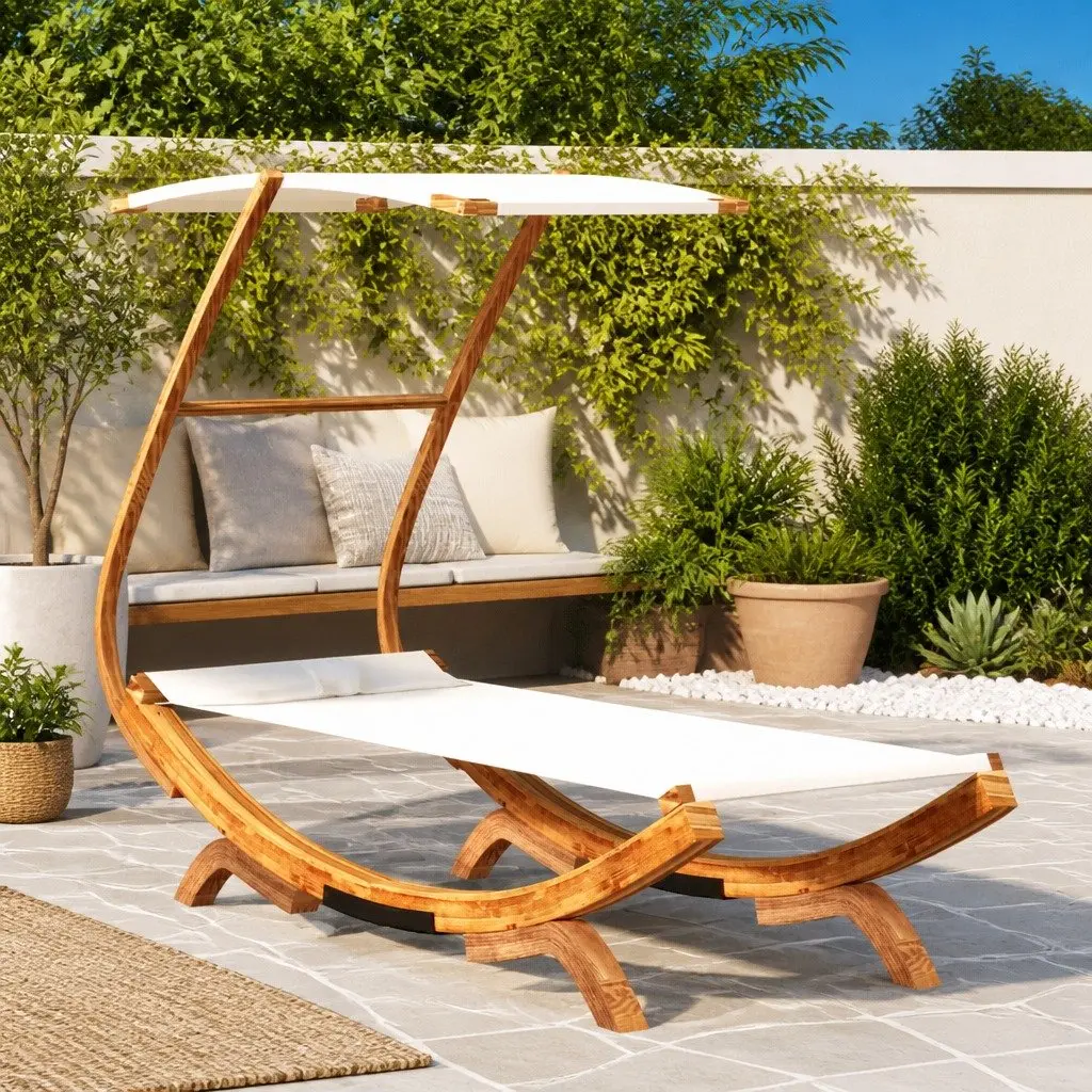 Lounge Bed Outdoor Cream Canopy Bent Wood Frame 100x190x134cm for Garden Patio Relaxation