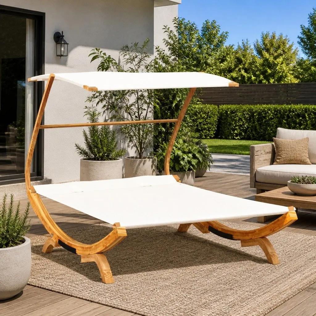 Outdoor Lounge Bed Cream Canopy Solid Bent Wood Frame 165x203x138cm Garden Patio Furniture