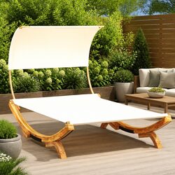 Outdoor Lounge Bed with Canopy Cream Sunbed Garden Patio Furniture Bent Wood