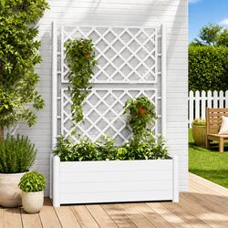 Garden Planter with Trellis Support Raised Flower Bed Outdoor White PP Pot
