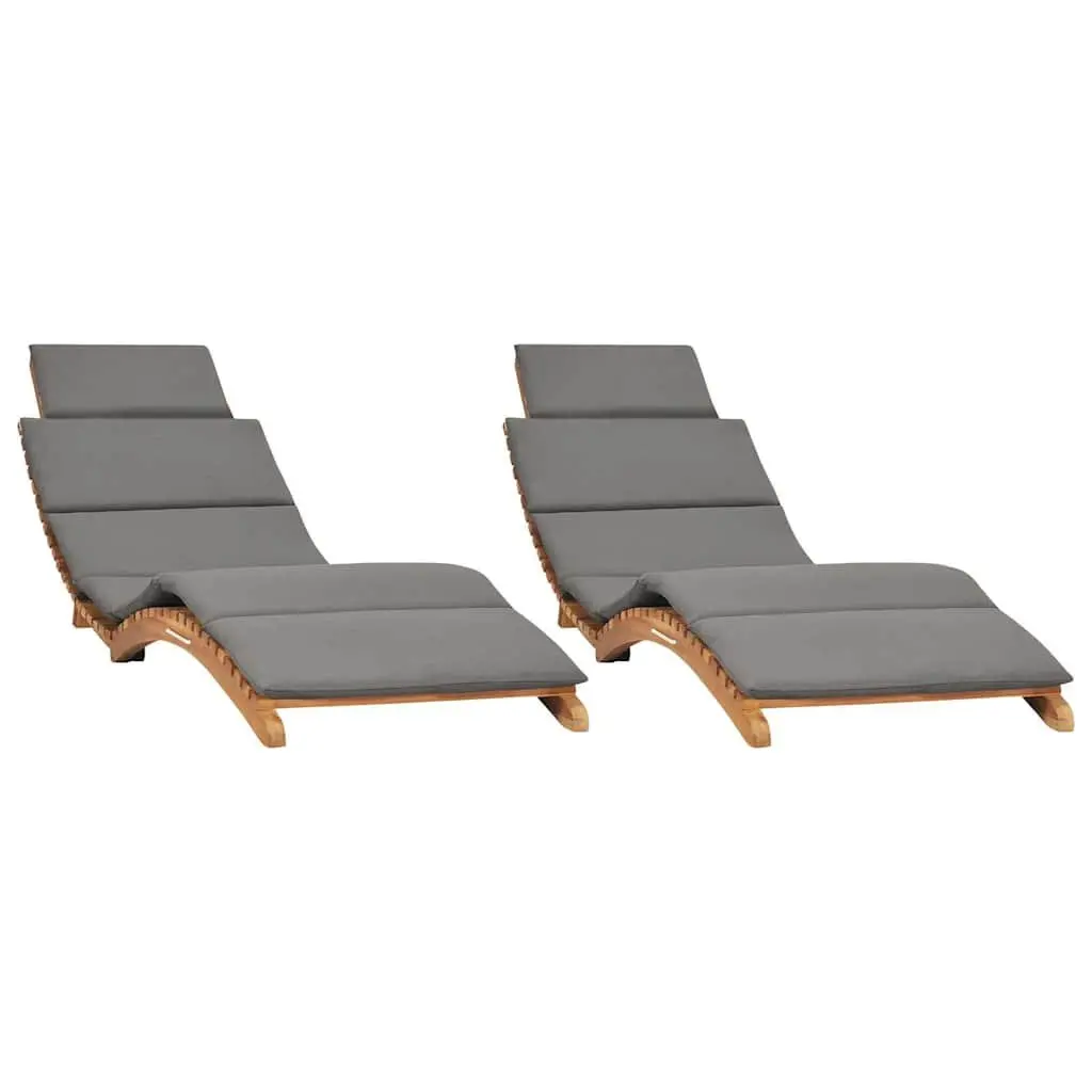 Sun Loungers Solid Teak Wood Adjustable Backrest Grey 2 pcs Folding with Cushions