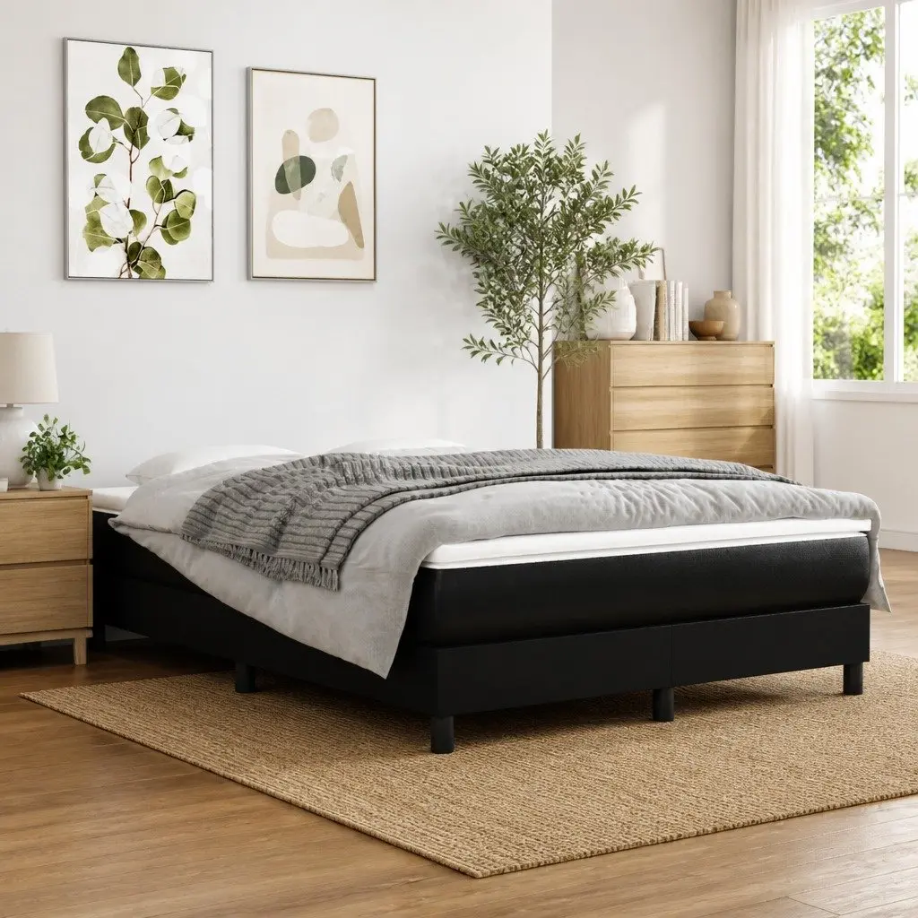 Pocket Spring Mattress Box Spring Bed Black Faux Leather Queen Size Medium Hard Support