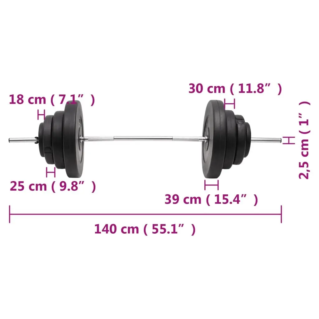 Barbell Set Chrome Plated Steel 60kg Black with Cement Weight Plates for Strength Training