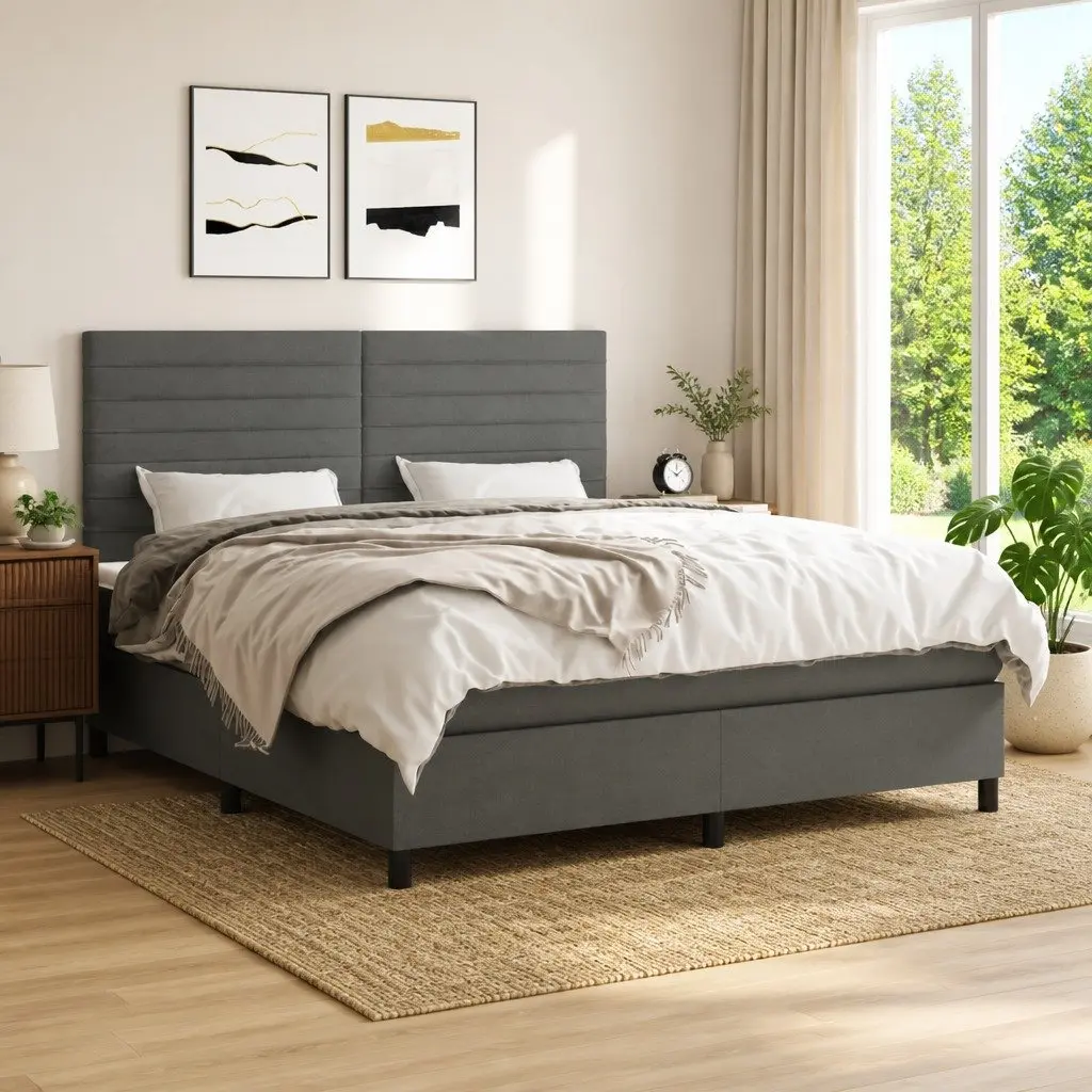 Queen Bed Frame with Integrated Pocket Spring Mattress Dark Grey Fabric Adjustable Headboard