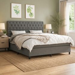 Queen Size Box Spring Bed with Pocket Spring Mattress Dark Grey Fabric