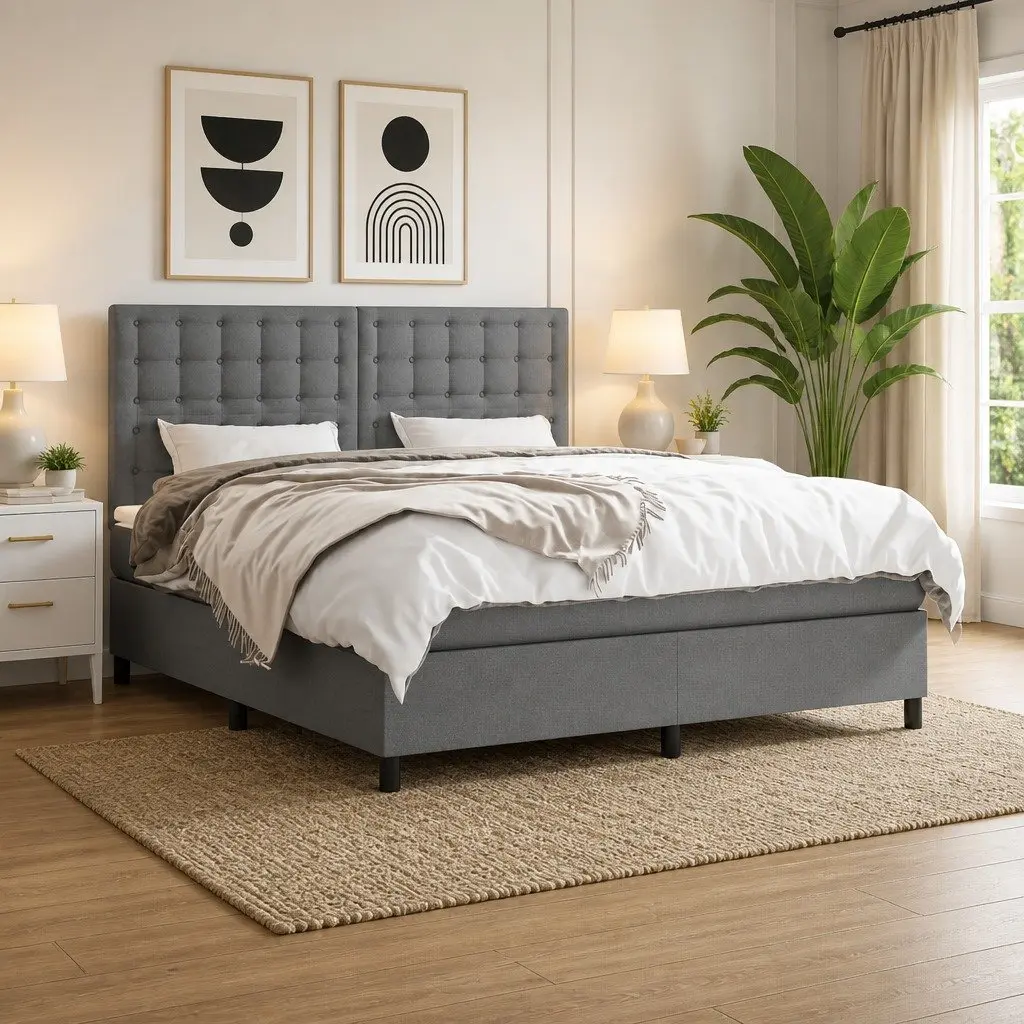 Queen Size Bed Frame with Pocket Spring Mattress Dark Grey Fabric 153x203 cm