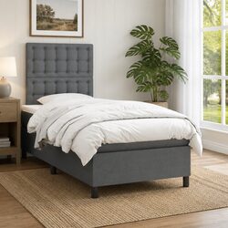 King Single Box Spring Bed with Pocket Mattress Adjustable Headboard Grey Fabric