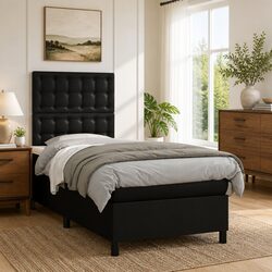 Box Spring Bed with Pocket Spring Mattress King Single Black Faux Leather