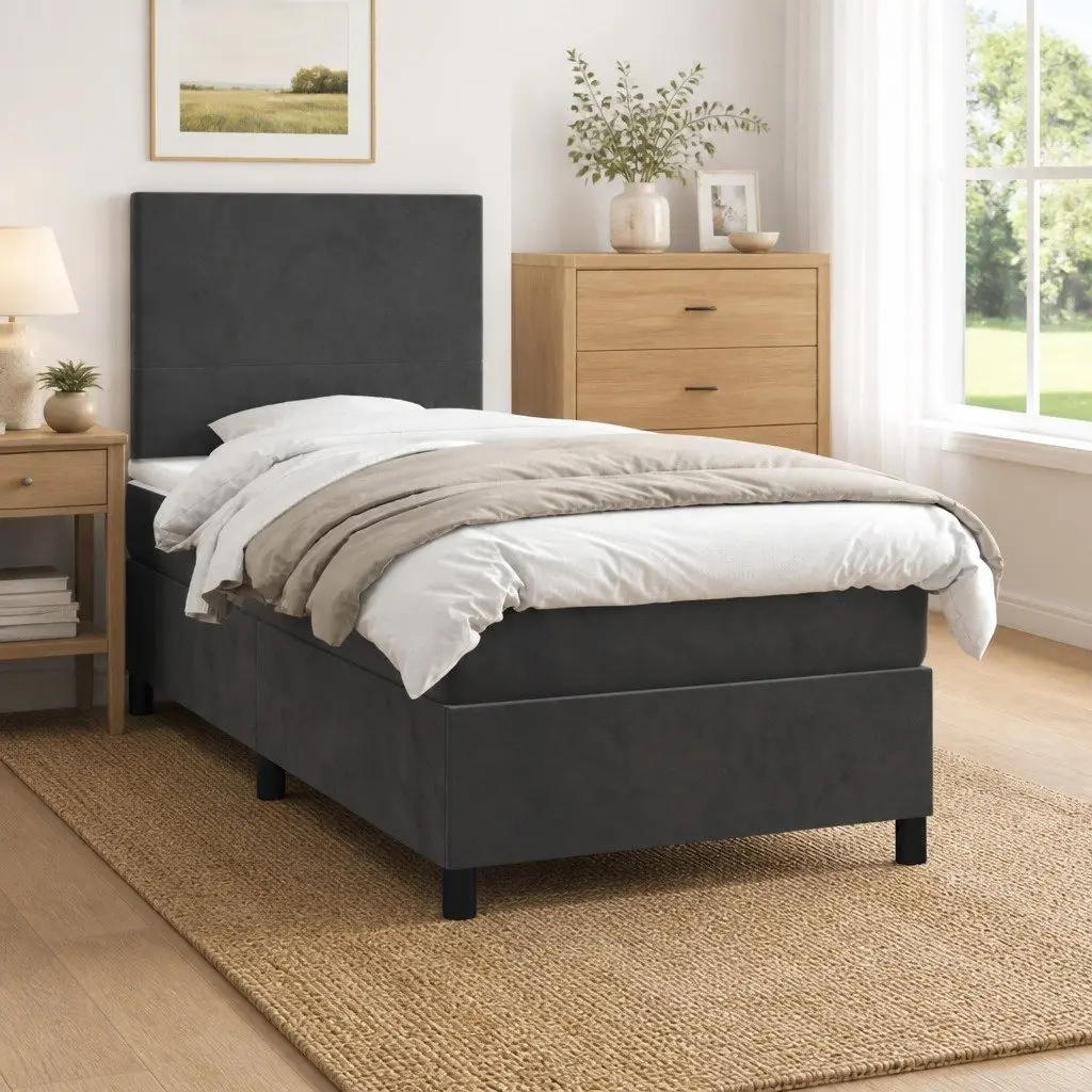 King Single Box Spring Bed 106x203cm Dark Grey Velvet Pocket Spring Mattress Adjustable Headboard Medium Firm